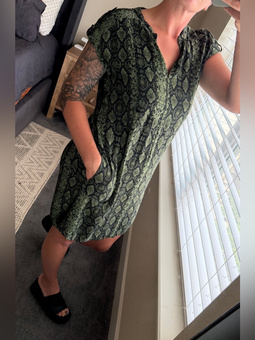 Anthropologie Rachel Snakeskin Tunic Shift Dress Green Mini